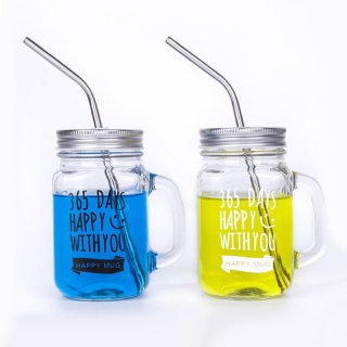 Regular Mason Glass Mason Jar Mugs With Handle And Stainless Steel Straw 16OZ