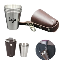 4 Stainless Steel Cups With Leather Holder Keychain