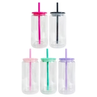 Double Wall Insulted 16oz Plastic Can Cup with Straw and Lid