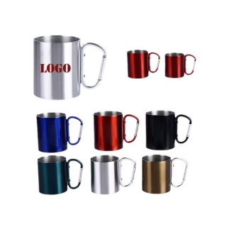 Double Stainless Steel Camping Mug Metal Cup with Carabiner Handle for Outdoor Travel Mountaineering