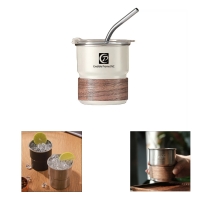 10oz Stainless Steel Coffee Cup With Lid Straw And Wooden Holder