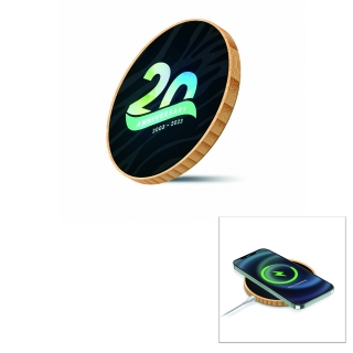 15W Round Bamboo Wireless Charger With Full Color Light Up Logo