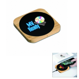 15W Square Bamboo Wireless Charger With Full Color Light Up Logo