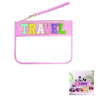 Chenille Letter Cosmetic Bag Clear Flat Pouch With Detachable Wristband
